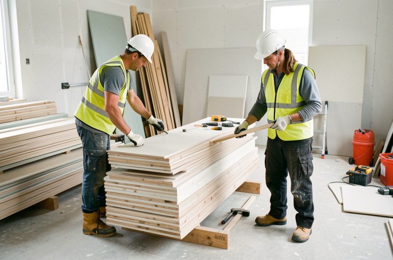 Chantier de rénovation professionnel organisé, avec une équipe équipée de protections de sécurité travaillant parmi des matériaux et outils soigneusement rangés.