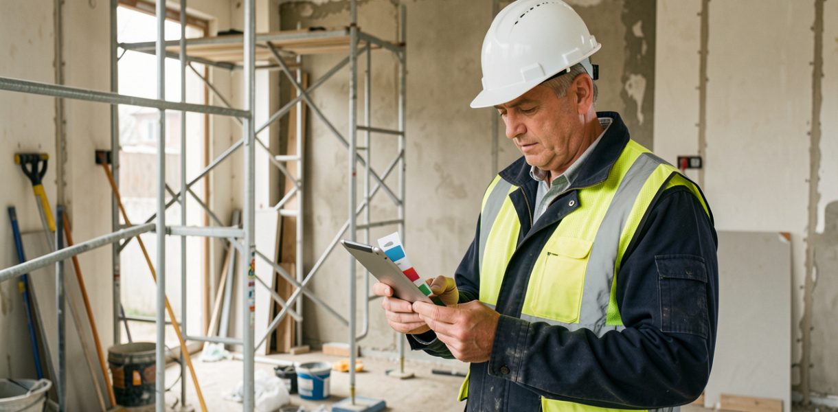 Un consultant de chantier portant un casque et un gilet réfléchissant consulte une tablette devant un chantier professionnel de rénovation.
