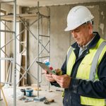 Un consultant de chantier portant un casque et un gilet réfléchissant consulte une tablette devant un chantier professionnel de rénovation.