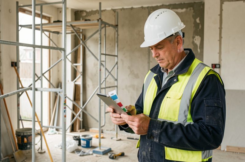 Un consultant de chantier portant un casque et un gilet réfléchissant consulte une tablette devant un chantier professionnel de rénovation.