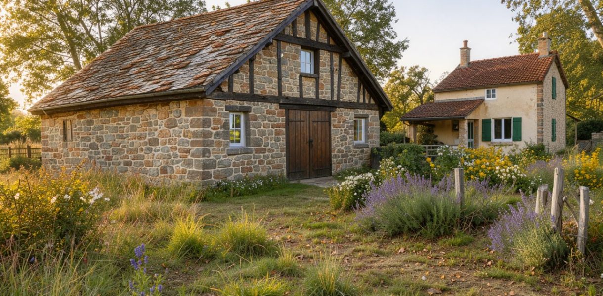 Ancienne grange en pierre rénovée près d’une maison de campagne, entourée d’un jardin verdoyant baigné d’une lumière douce.