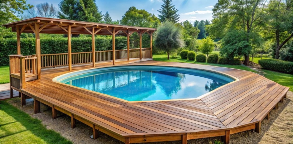 Piscine hors sol installée sur une terrasse en bois avec une structure de soutien visible.