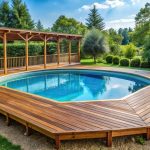 Piscine hors sol installée sur une terrasse en bois avec une structure de soutien visible.