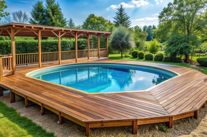 Piscine hors sol installée sur une terrasse en bois avec une structure de soutien visible.