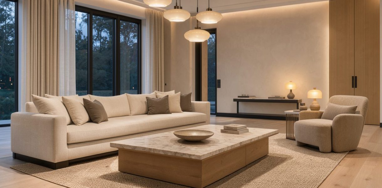 Salon contemporain lumineux avec suspensions élégantes, lampes d’appoint et éclairage indirect chaleureux.