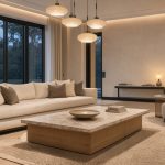 Salon contemporain lumineux avec suspensions élégantes, lampes d’appoint et éclairage indirect chaleureux.