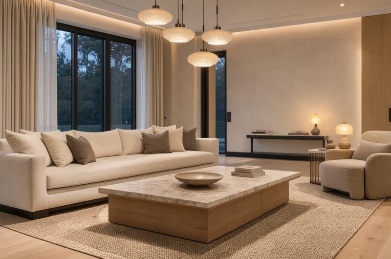 Salon contemporain lumineux avec suspensions élégantes, lampes d’appoint et éclairage indirect chaleureux.