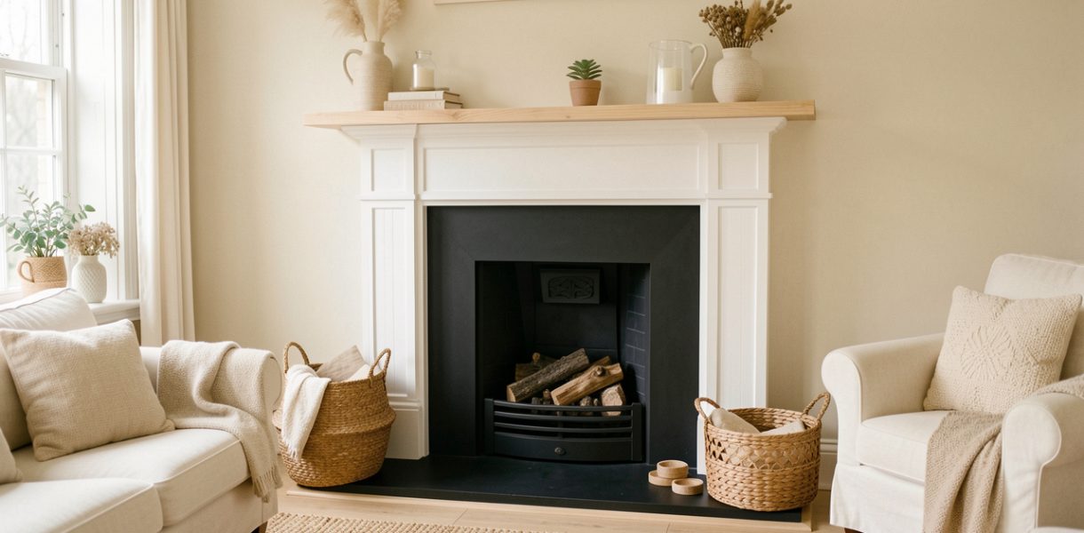 Salon lumineux et chaleureux avec un manteau de cheminée décoratif blanc en bois, une fausse ouverture noire et une tablette en bois clair.