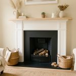 Salon lumineux et chaleureux avec un manteau de cheminée décoratif blanc en bois, une fausse ouverture noire et une tablette en bois clair.