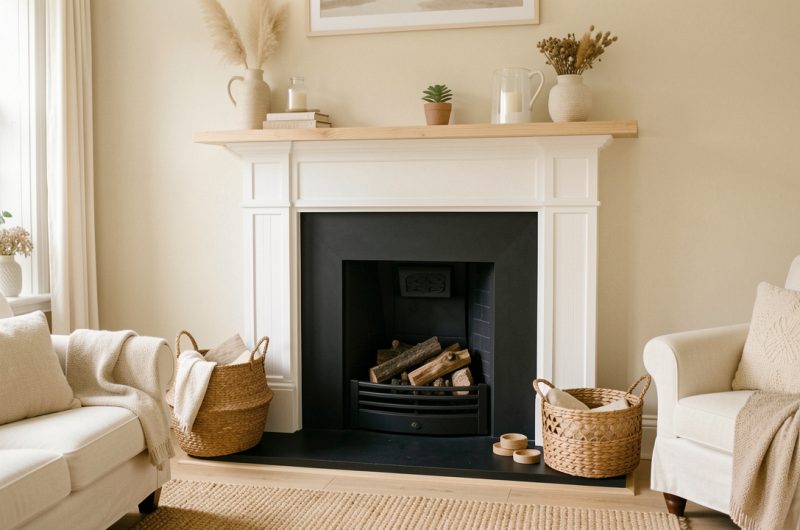Salon lumineux et chaleureux avec un manteau de cheminée décoratif blanc en bois, une fausse ouverture noire et une tablette en bois clair.